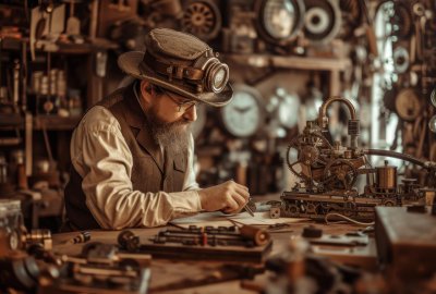 inventor-steampunk-workshop-surrounded-by-gears-mechanical-devices-min
