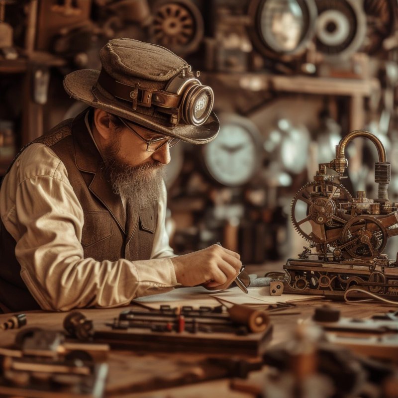 inventor-steampunk-workshop-surrounded-by-gears-mechanical-devices-min